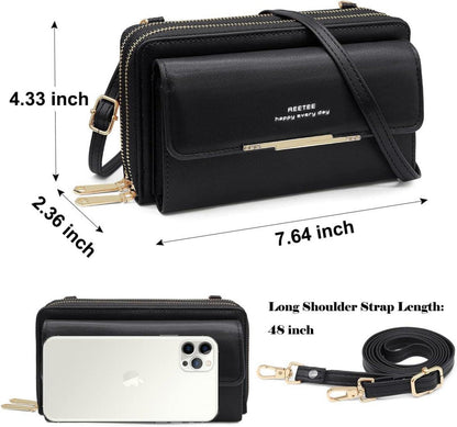 Handytasche Damen RFID Umhängetasche PU Leder 24 Kartenfächer schwarz