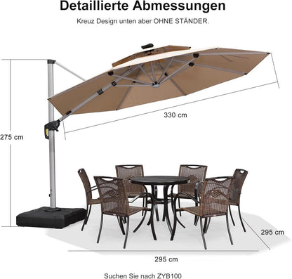 Sonnenschirm LED Solar 330 cm Ampelschirm Ø 360°Rotation