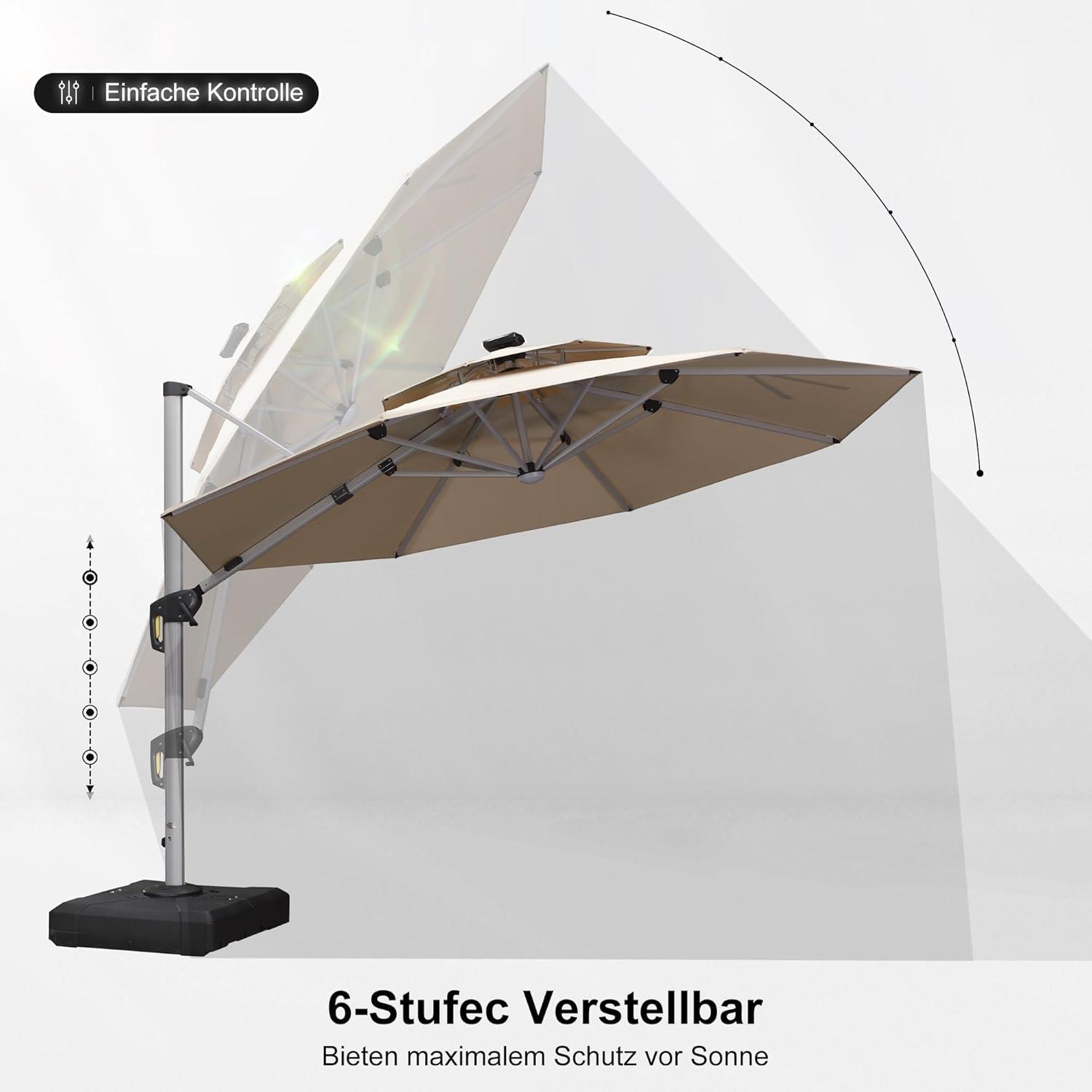 Sonnenschirm mit LED Solar Beleuchtung Ø 330 cm Ampelschirm UV50+ Beige
