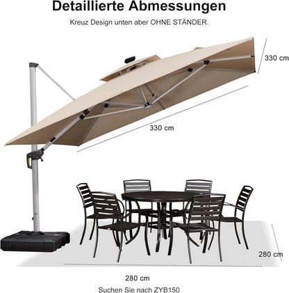Sonnenschirm LED Solar Beleuchtung Ampelschirm 330x330cm 360°Rotation