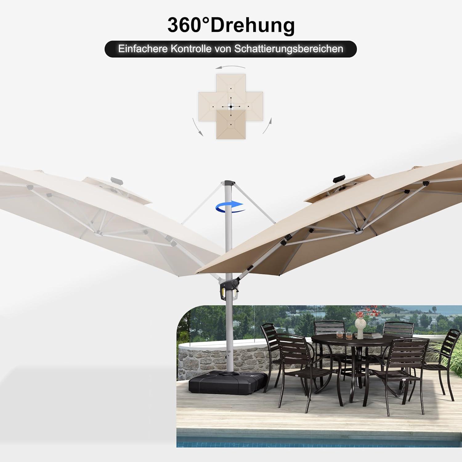 Sonnenschirm LED Solar Beleuchtung Ampelschirm 330x330cm UV50+ Beige