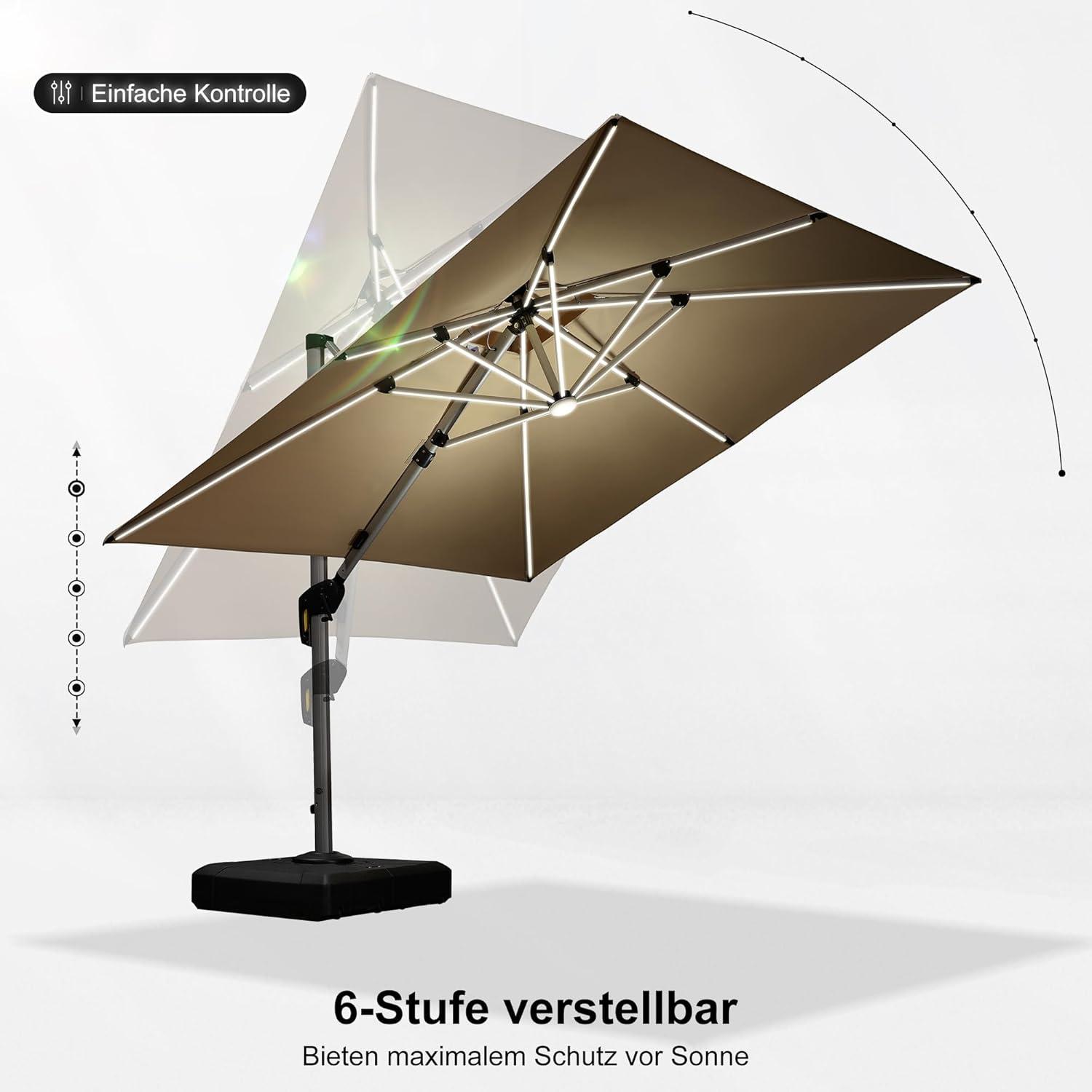 Sonnenschirm LED Solar Beleuchtung Ampelschirm 270x270 cm 360°Rotation