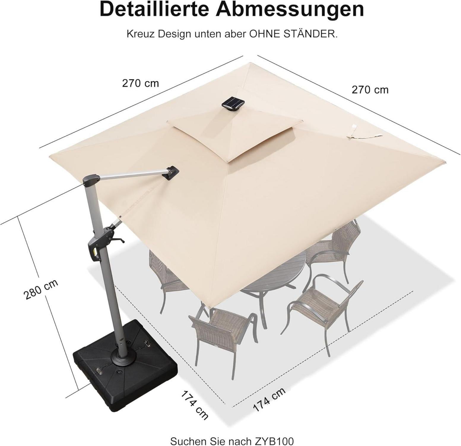 Sonnenschirm LED Solar Beleuchtung Ampelschirm 270x270 cm