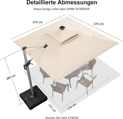 Sonnenschirm LED Solar Beleuchtung Ampelschirm 270x270 cm