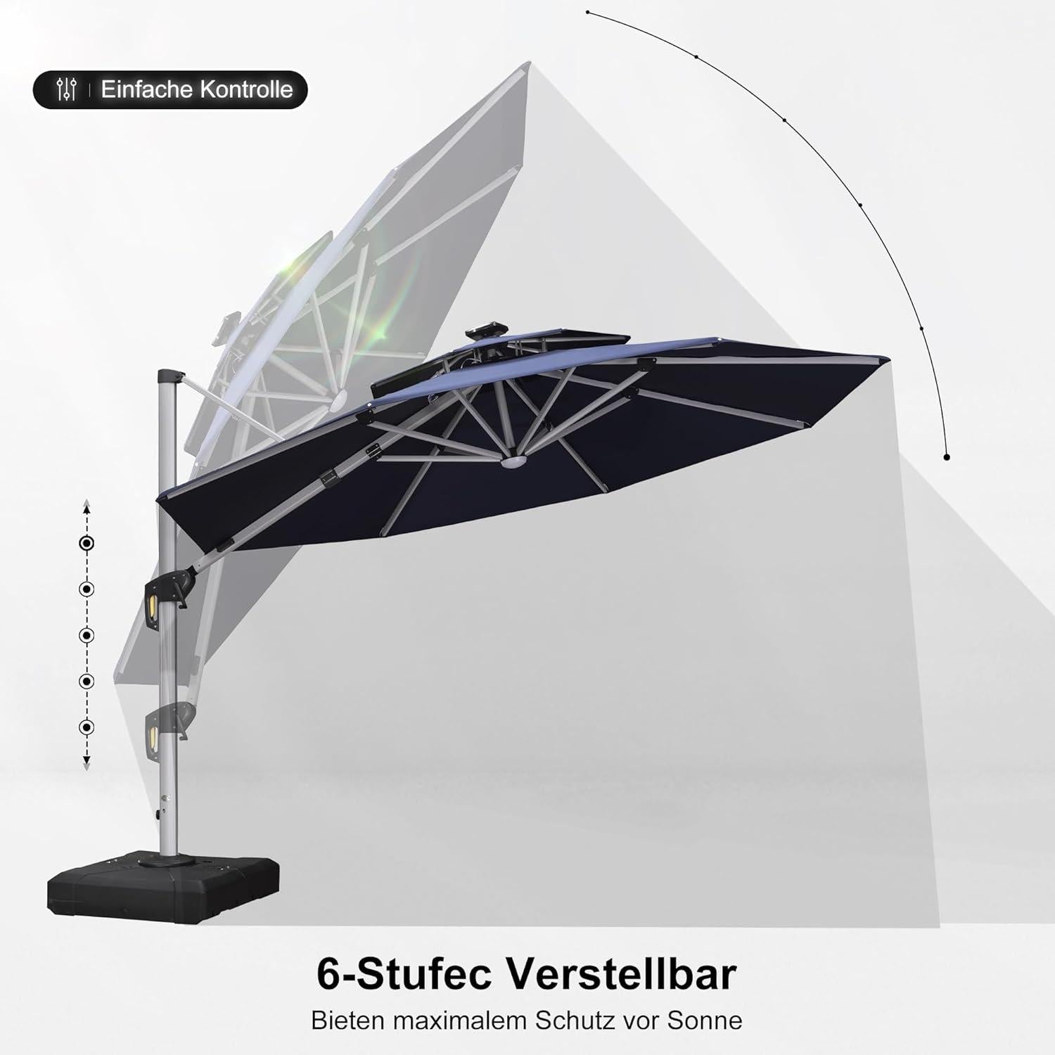 PURPLE LEAF Sonnenschirm 330 cm Led Solar Beleuchtung Ampelschirm