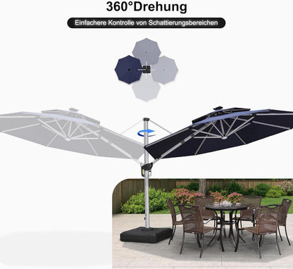 Sonnenschirm Ø 330 cm mit LED Solar Beleuchtung und Kurbel, UV50+, Marineblau