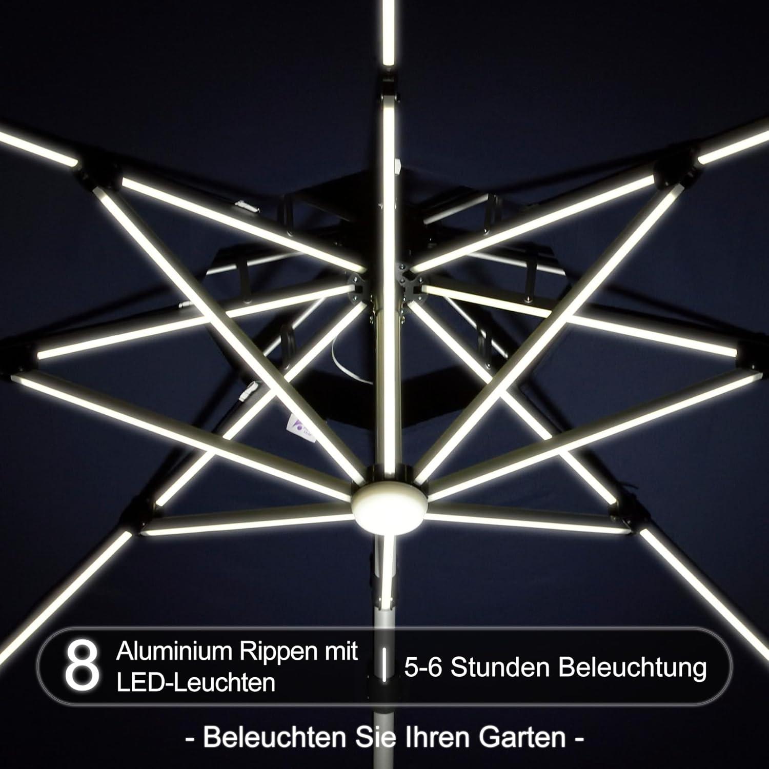 Ampelschirm mit LED Solar Beleuchtung 300 cm UV50+ Marineblau