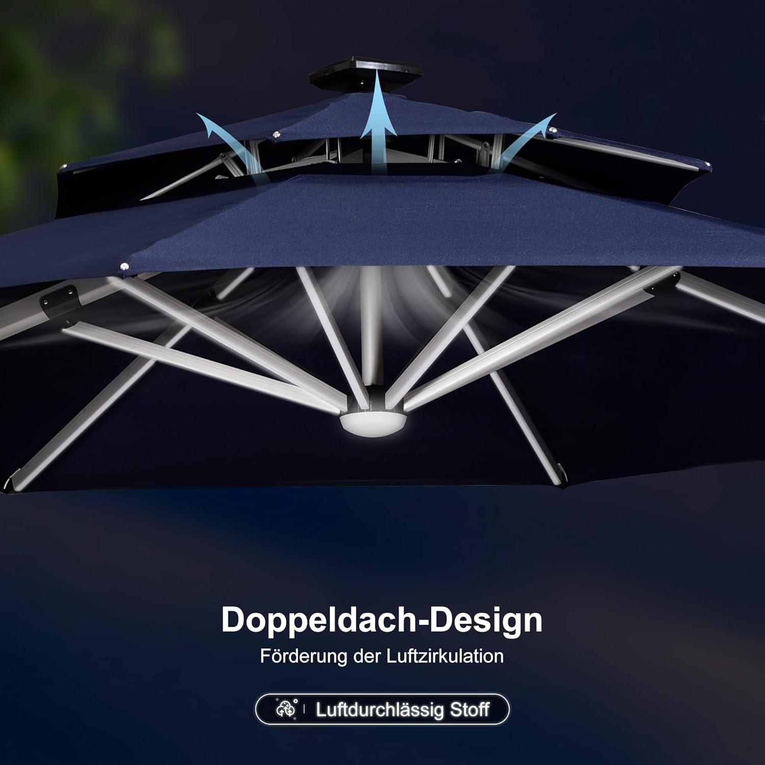 PURPLE LEAF 300cm Sonnenschirm LED Solar Beleuchtung Ampelschirm