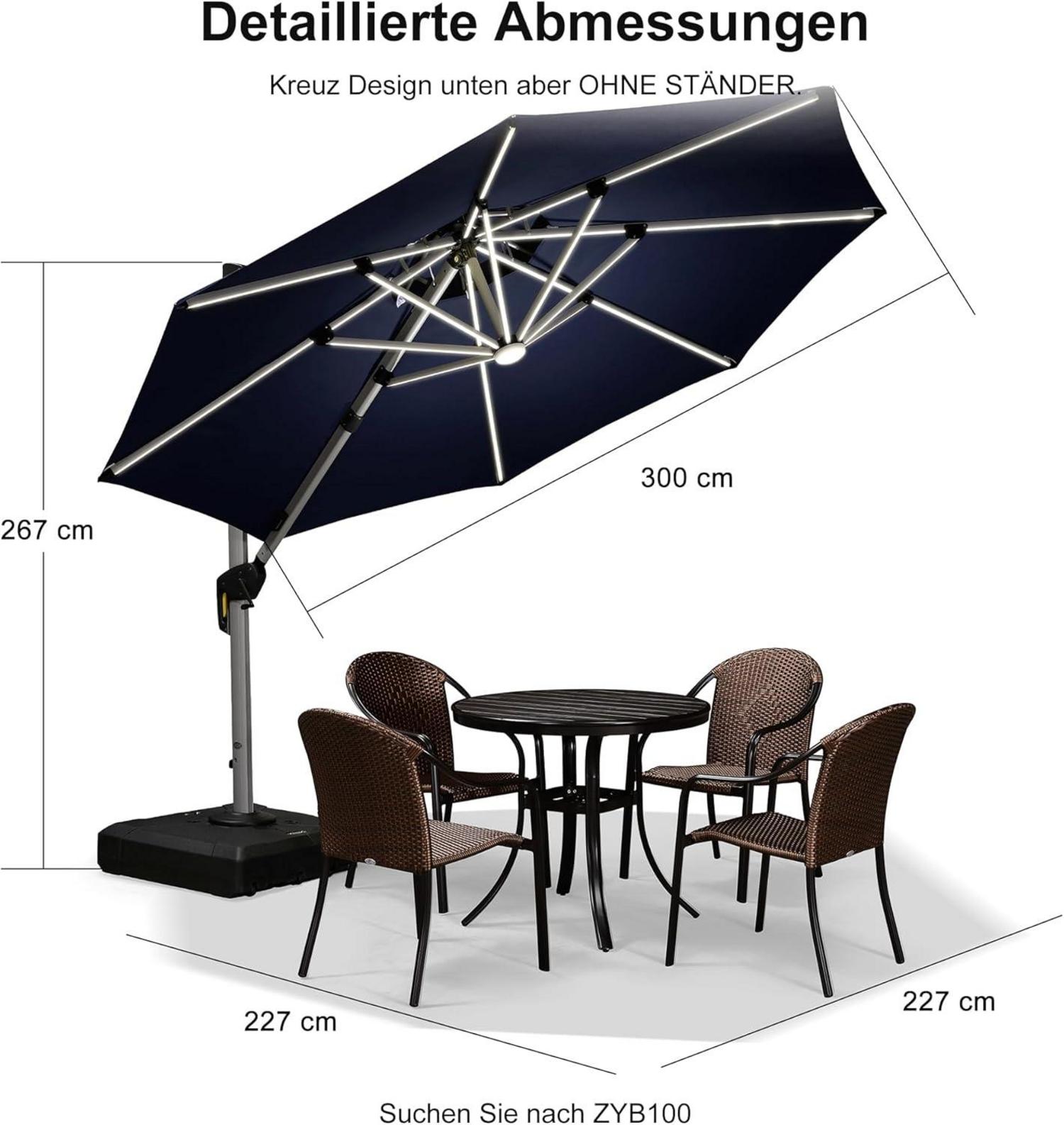 Sonnenschirm 300 cm mit LED Solar Beleuchtung Ampelschirm Marineblau