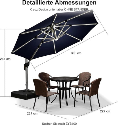 Sonnenschirm 300 cm mit LED Solar Beleuchtung Ampelschirm Marineblau