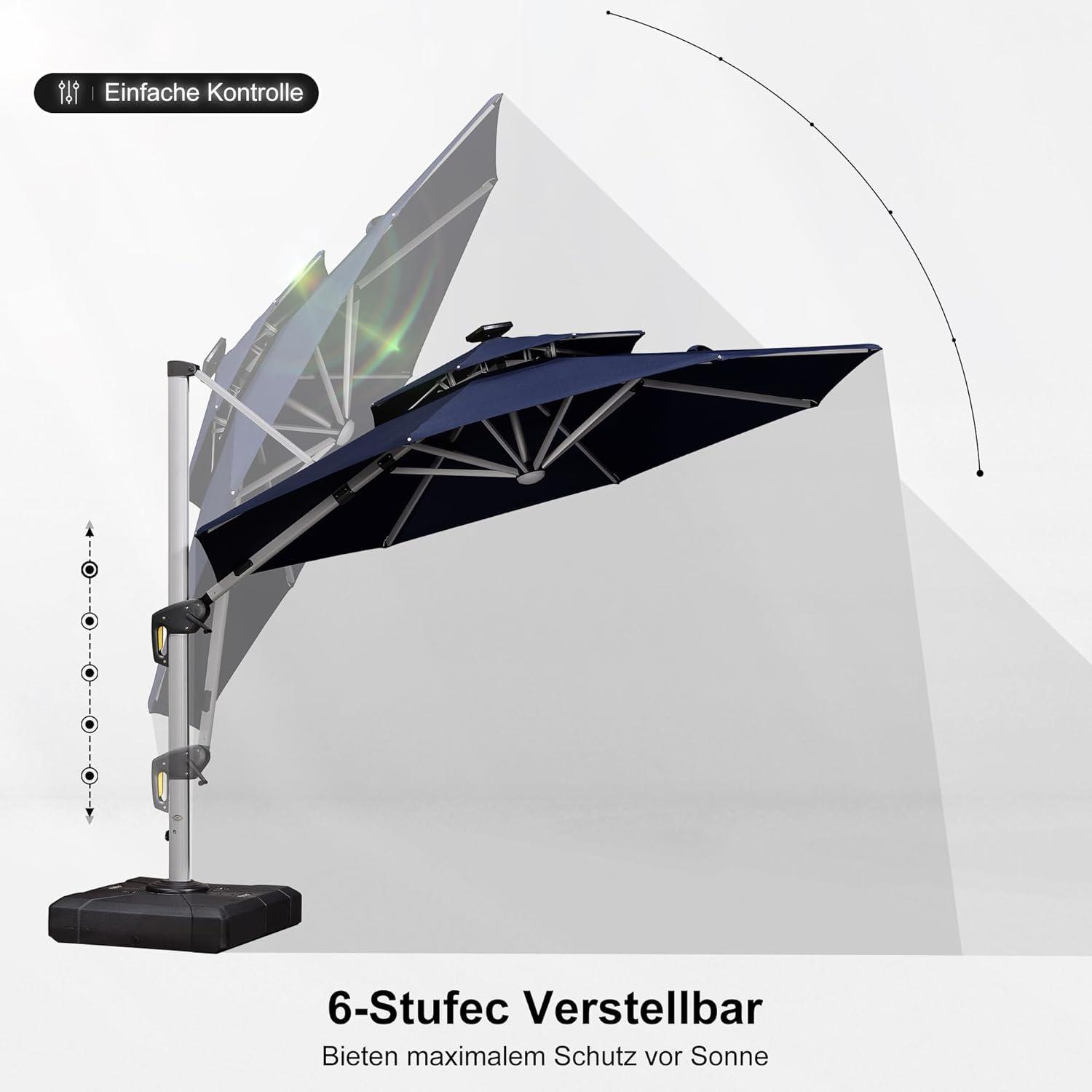 PURPLE LEAF 300cm Sonnenschirm LED Solar Beleuchtung Ampelschirm
