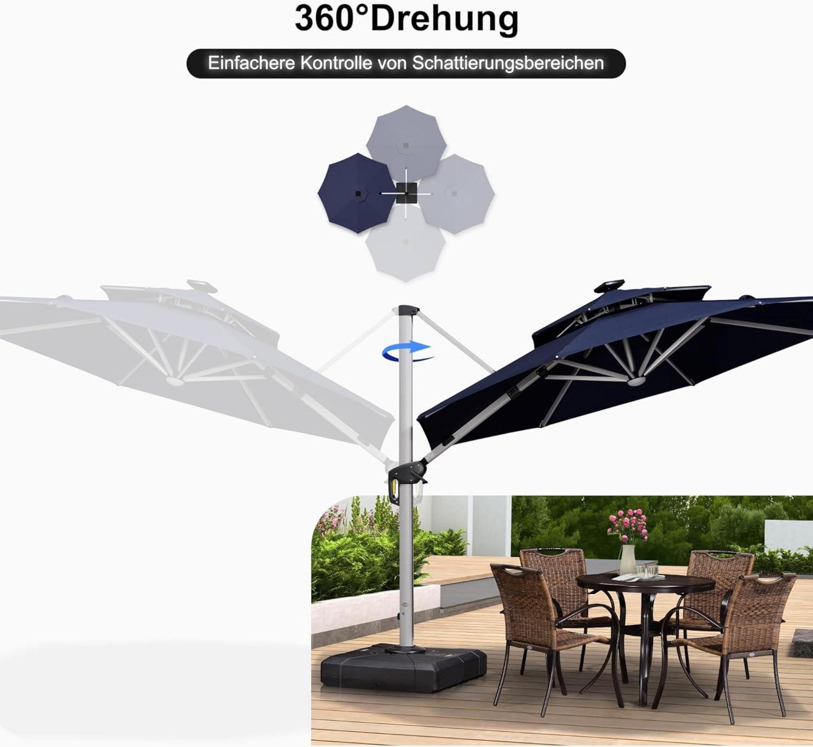 Sonnenschirm 300 cm LED Solar Beleuchtung Ampelschirm Gartenschirm