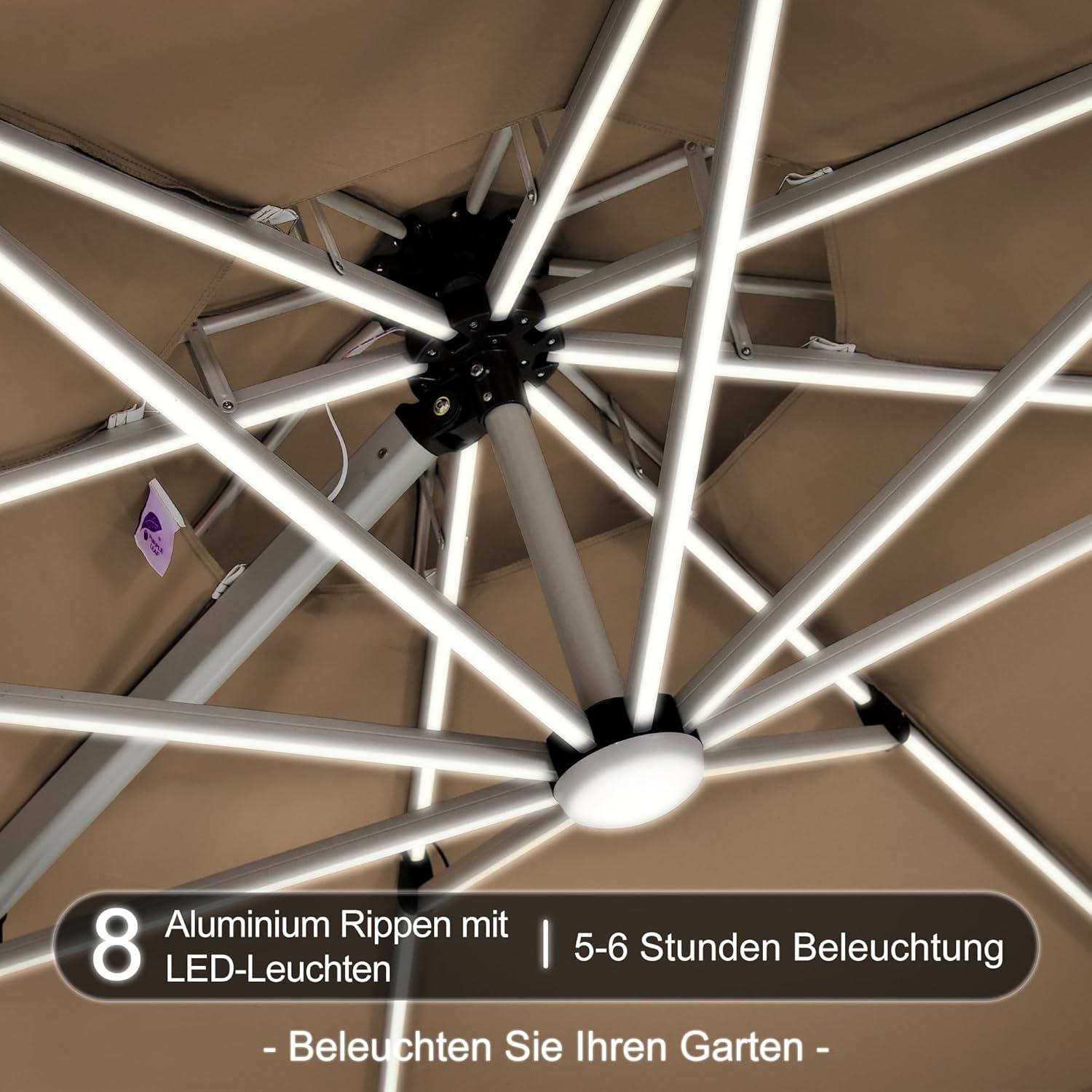 360cm Sonnenschirm mit LED Beleuchtung und