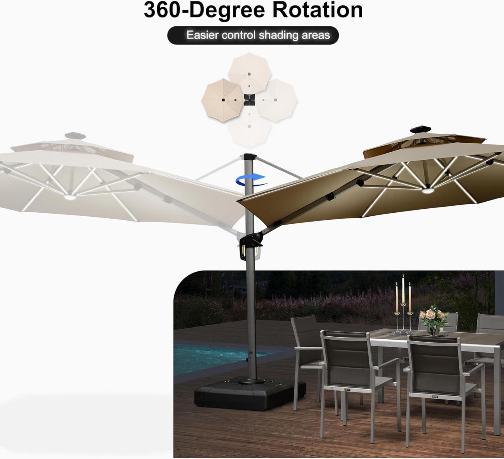 Sonnenschirm mit LED Ø 365 cm Kurbel UV50+ Beige