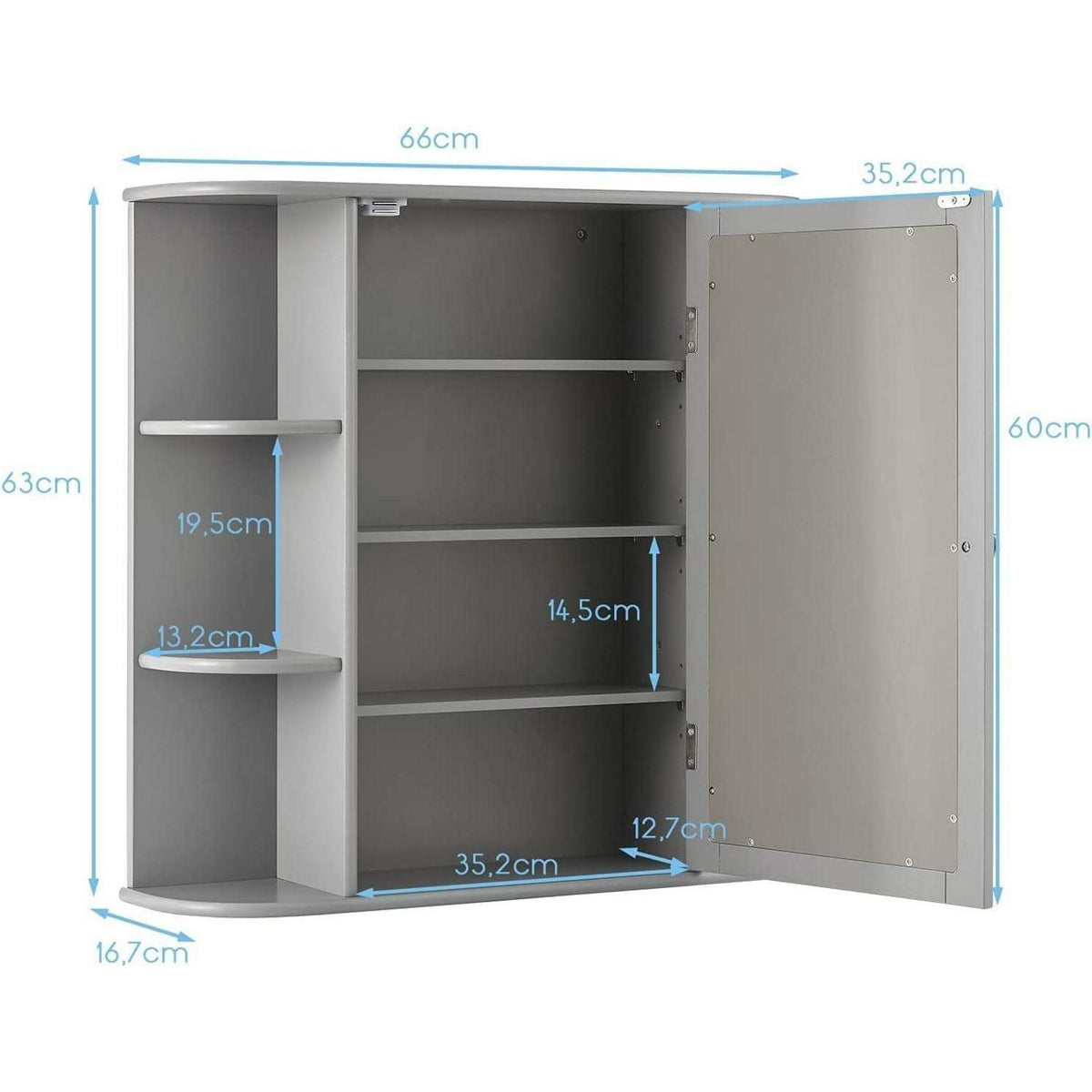 Hängender Spiegelschrank mit Ablagen – Grau, 65x17x63 cm