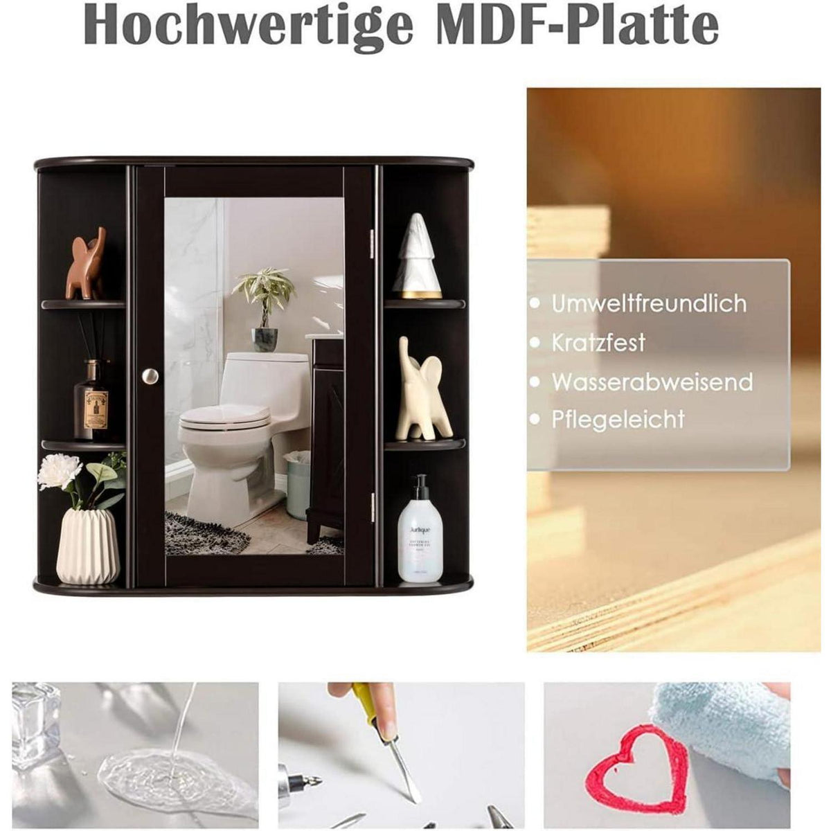 Hängender Spiegelschrank Braun – 65x17x63 cm mit Ablagen