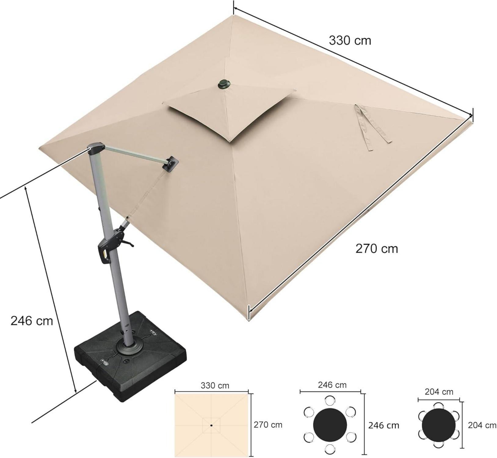 Sonnenschirm Rechteckig 270x330 cm Ampelschirm Groß 360°Rotation