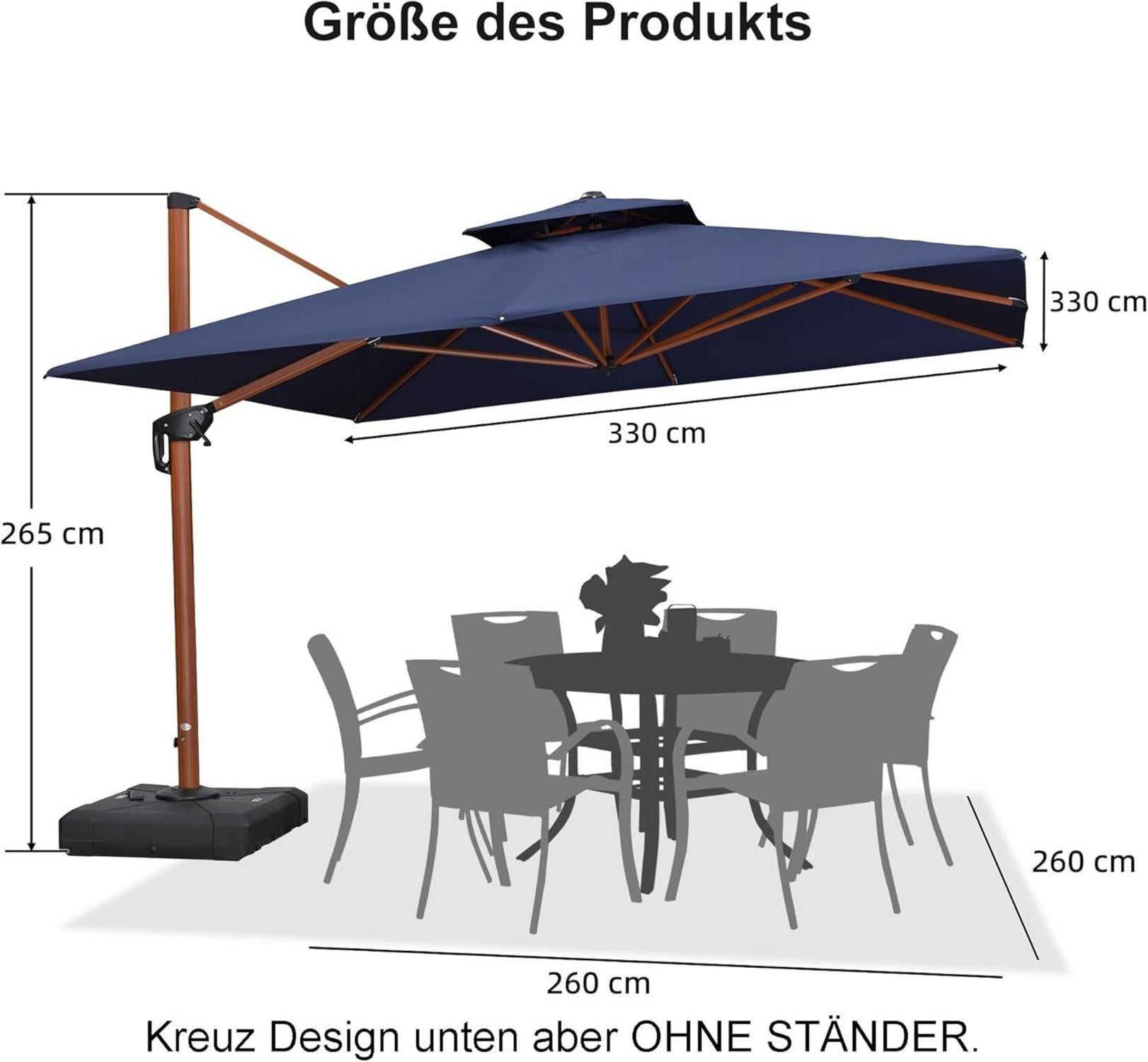 Alu Sonnenschirm Groß Ampelschirm 330x330cm Holzoptik Doppeldach