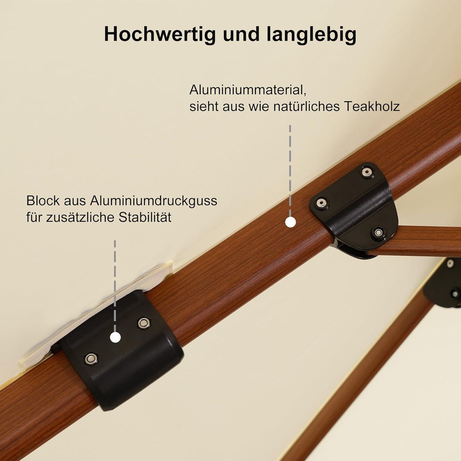 Großer Alu Sonnenschirm 270x270 cm Holzoptik Doppeldach Gartenschirm