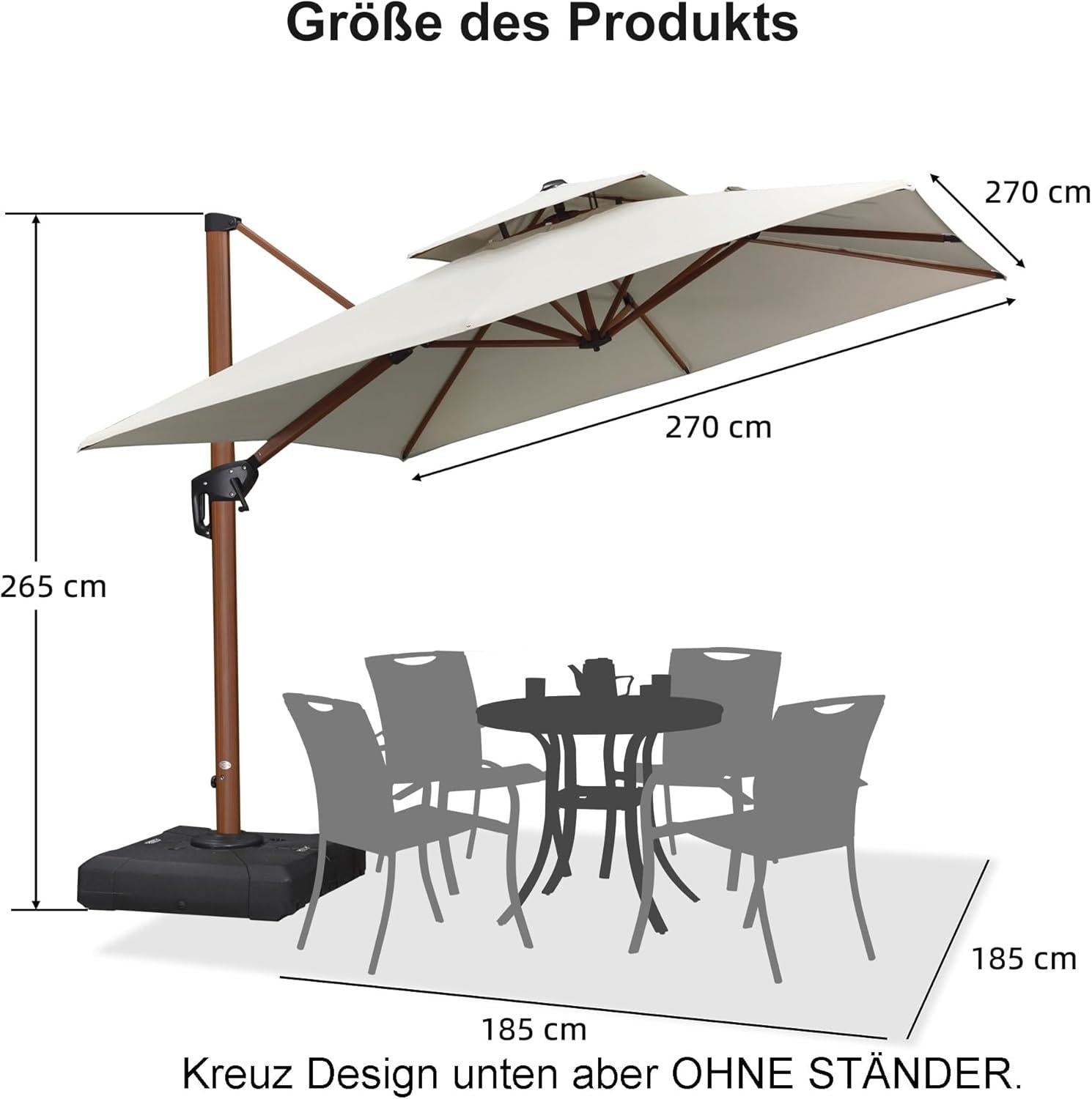 PURPLE LEAF Alu Sonnenschirm 270x270cm Holzoptik Doppeldach Gartenschirm UV50+ Cream