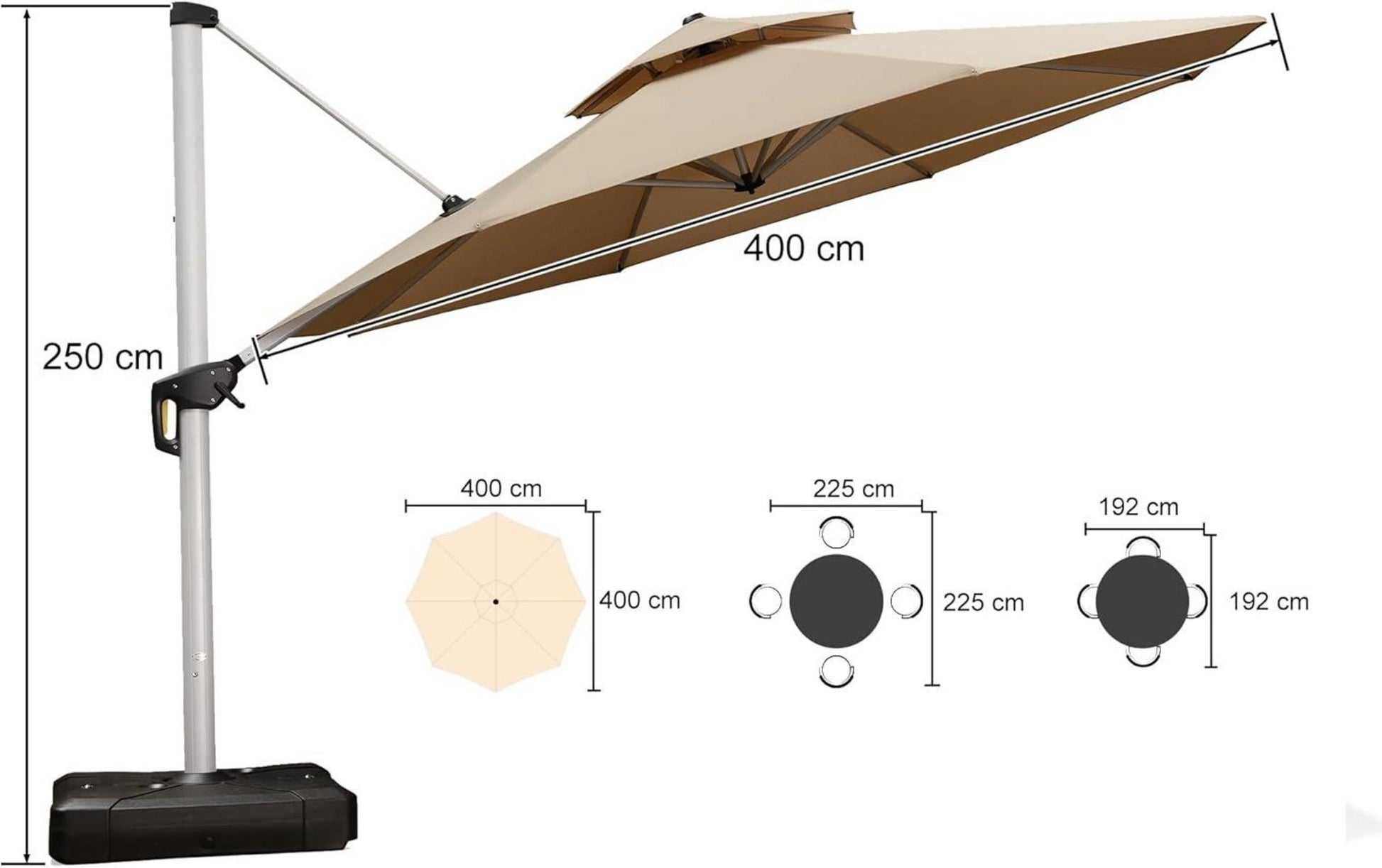 Sonnenschirm Balkon Ampelschirm 400 cm Beige UV50+ 360° Rotation