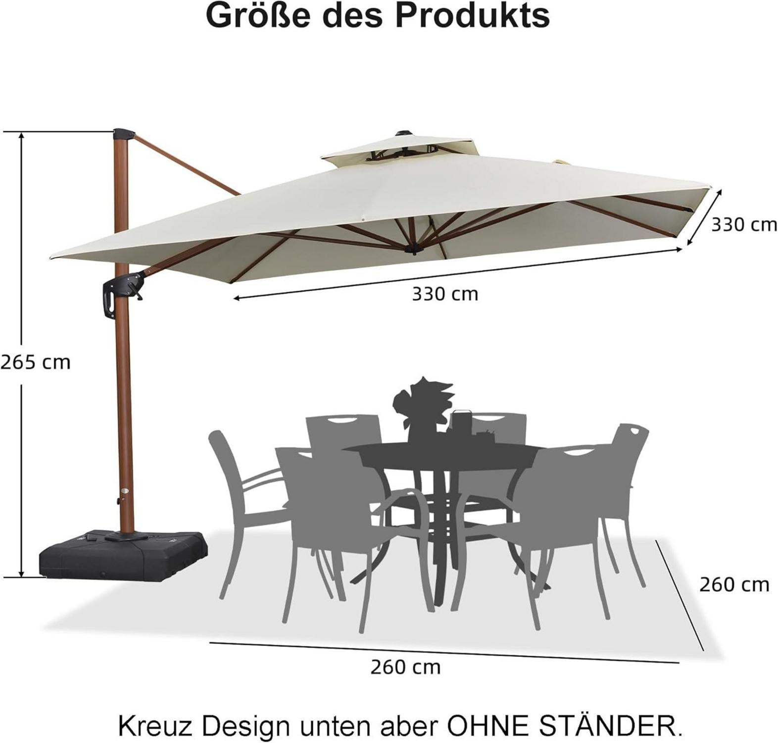 Sonnenschirm Ampelschirm 330x330cm Doppeldach Holzoptik Kurbel 360° UV50+ Cream