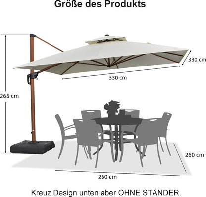 Sonnenschirm Ampelschirm 330x330cm Doppeldach Holzoptik Kurbel 360° UV50+ Cream