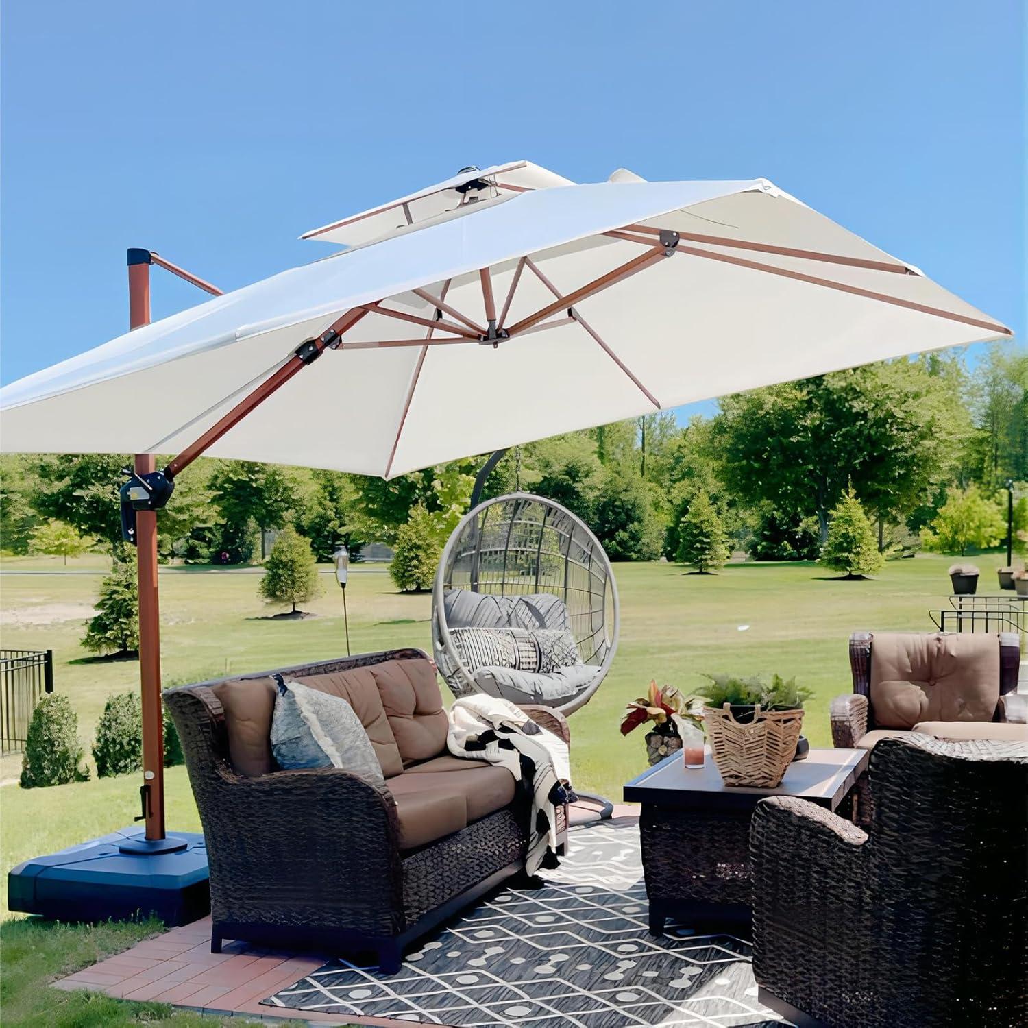 Alu Sonnenschirm Ampelschirm Holzoptik 330x330cm Doppeldach Kurbel XXL UV50+ Cream