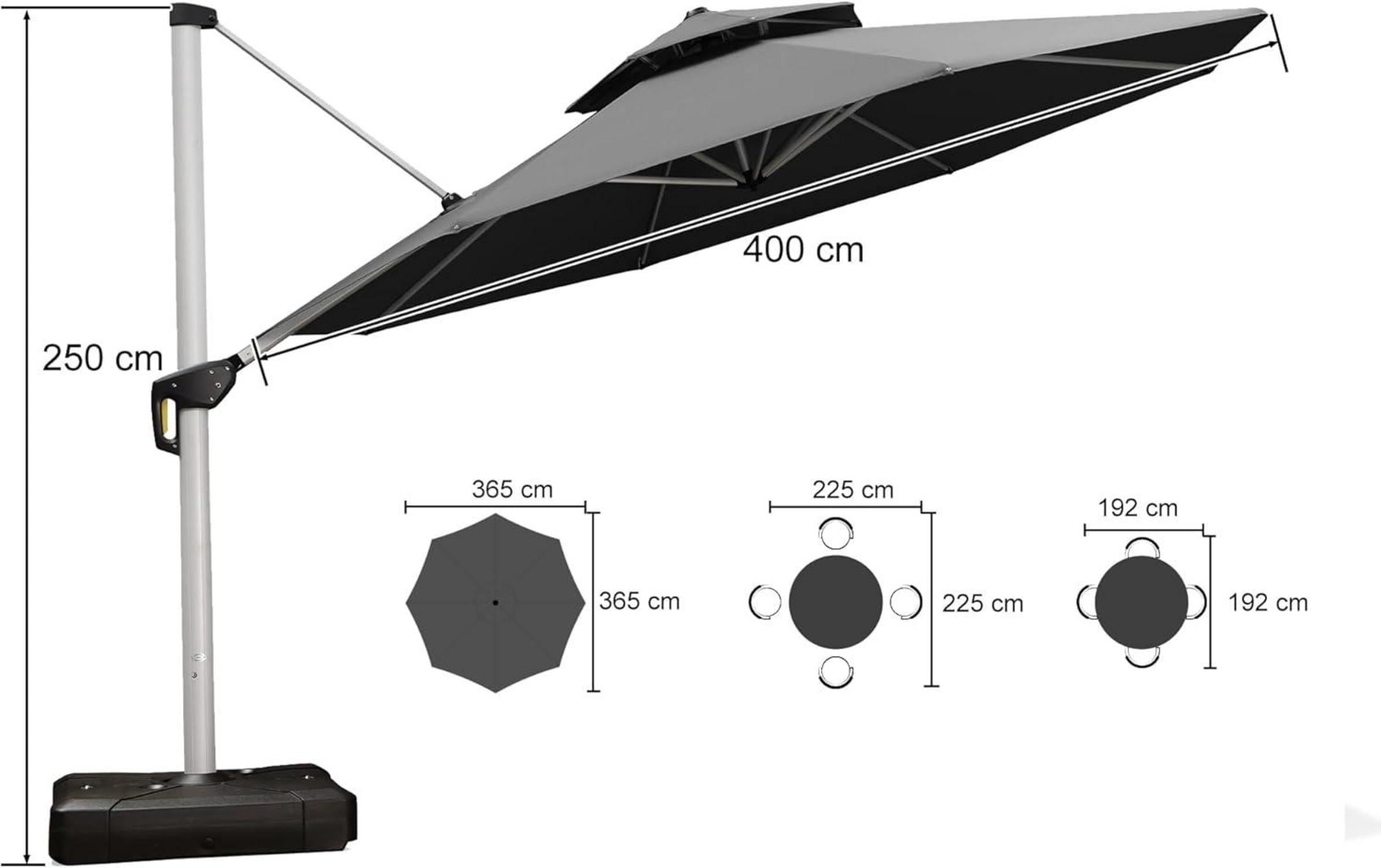 Sonneschirm Balkon Ampelschirm 400cm UV50+ Grau 360°Rotation