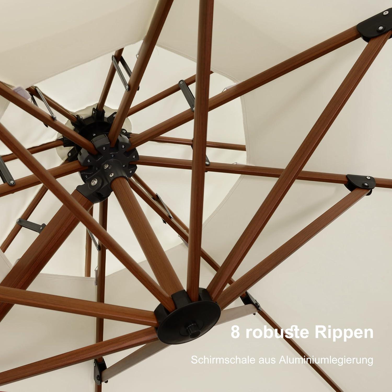 Alu Sonnenschirm 300x300cm Holzoptik XXL Doppeldach Cream