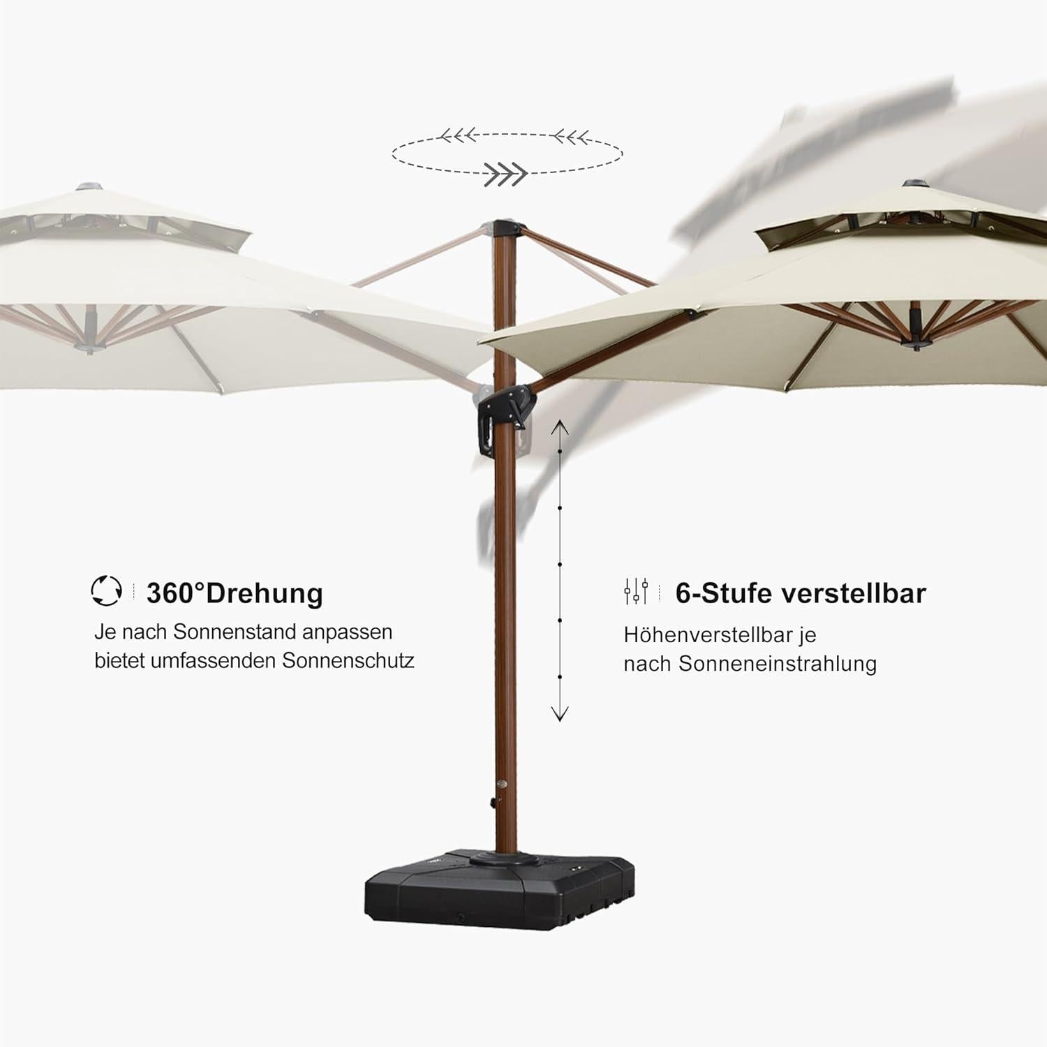 Alu Holzoptik Ampelschirm Ø 330 cm Drehbar Sonnenschirm 360°Drehbar