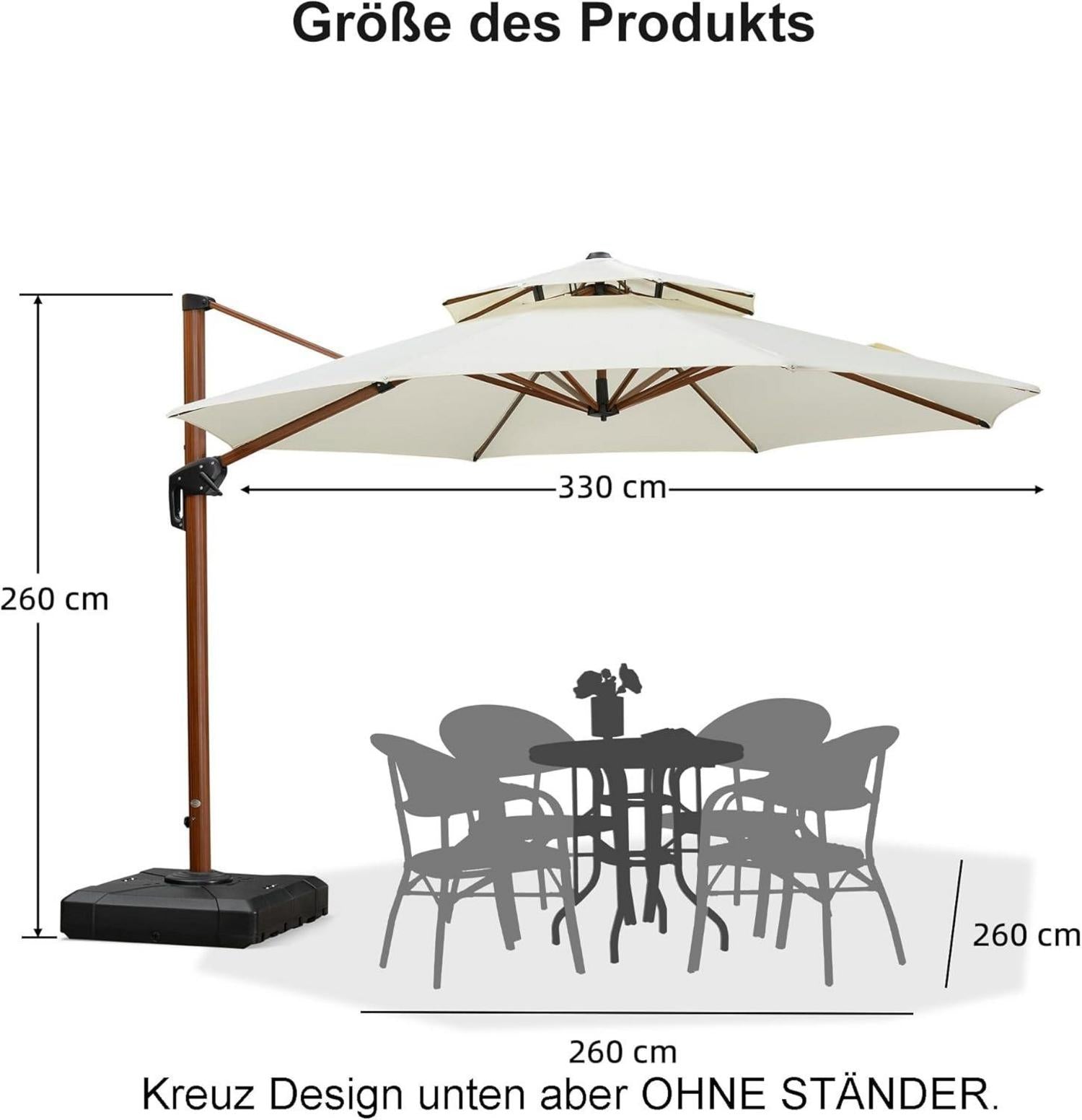 PURPLE LEAF Alu Holzoptik Ampelschirm Ø 330 cm 360°Drehbar mit Kurbel Doppeldach