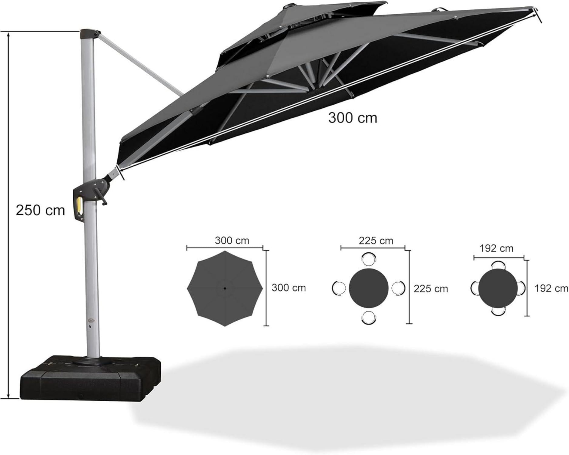 Sonnenschirm Ampelschirm 300 cm UV50+ Balkon Gartenschirm Grau