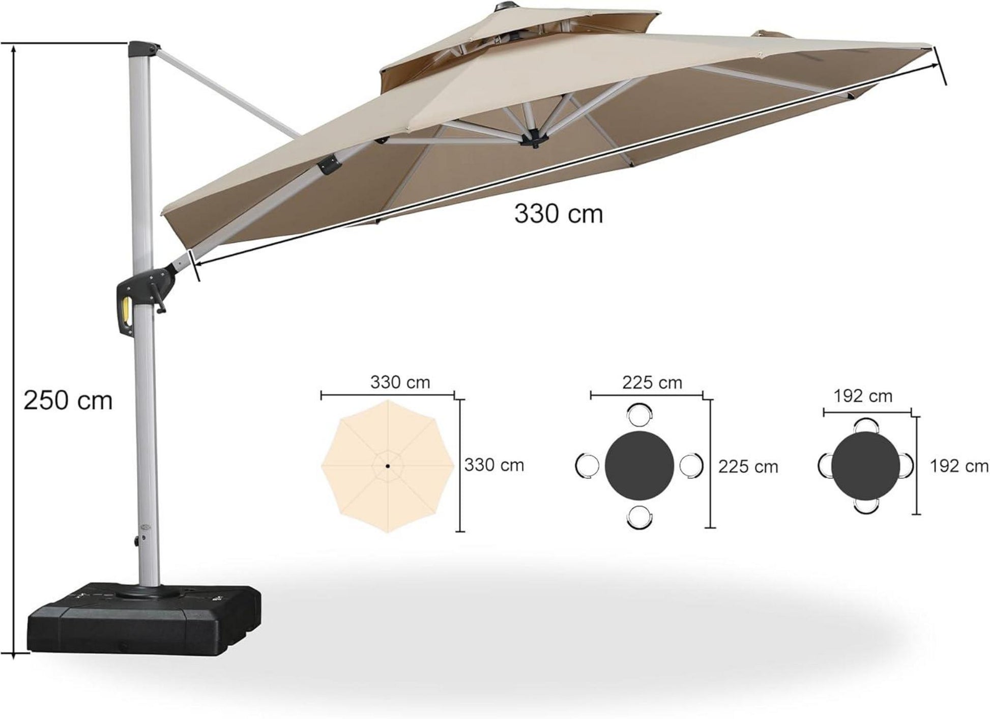 Sonnenschirm Balkon Ampelschirm 330 cm UV50+ mit Kurbel Beige