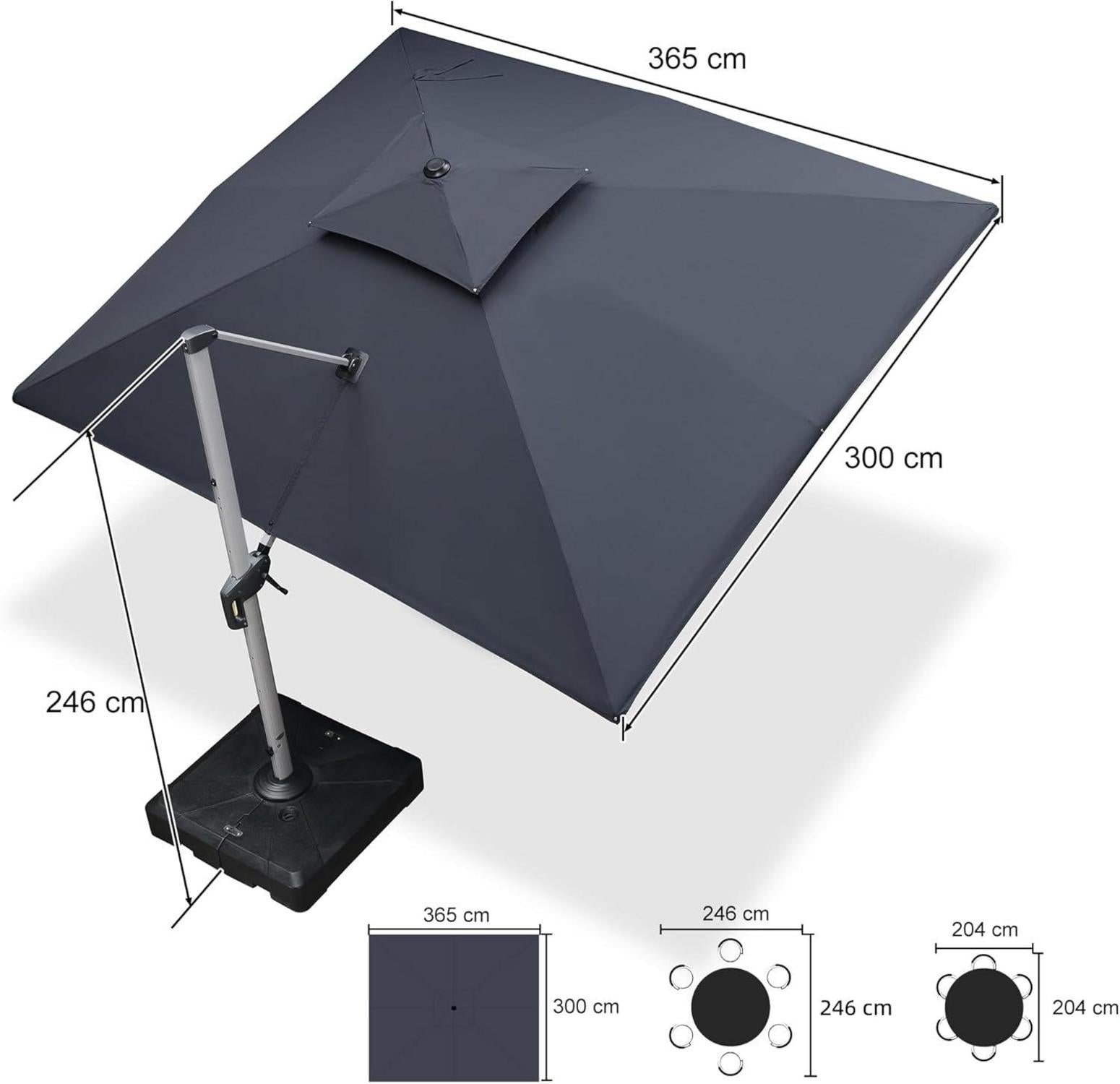 Sonnenschirm Rechteckig 300x365cm Ampelschirm Groß UV50+ Grau