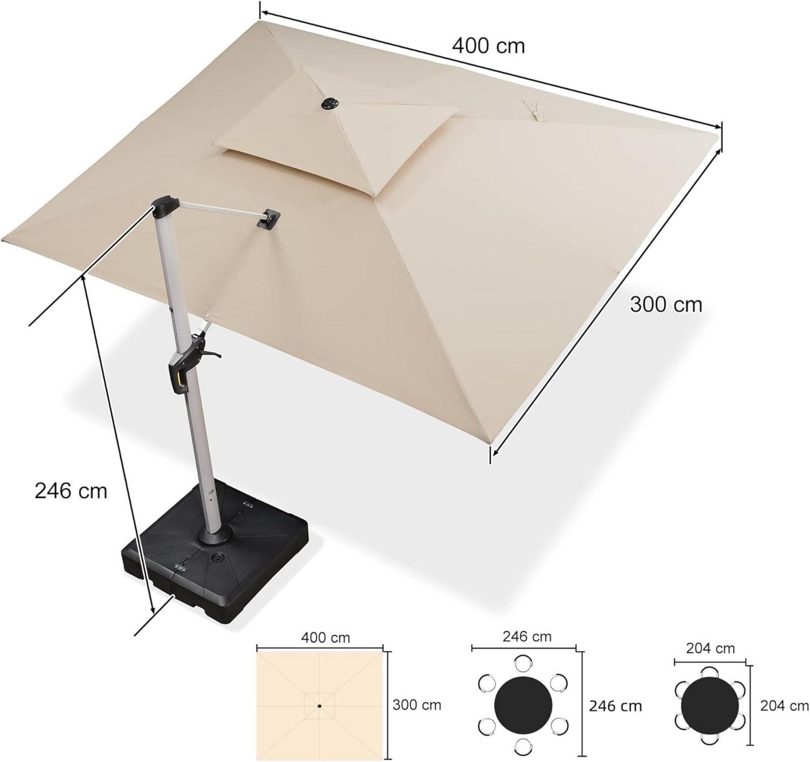 Sonnenschirm Rechteckig 300x400 cm Stabil Groß UV50+ Beige