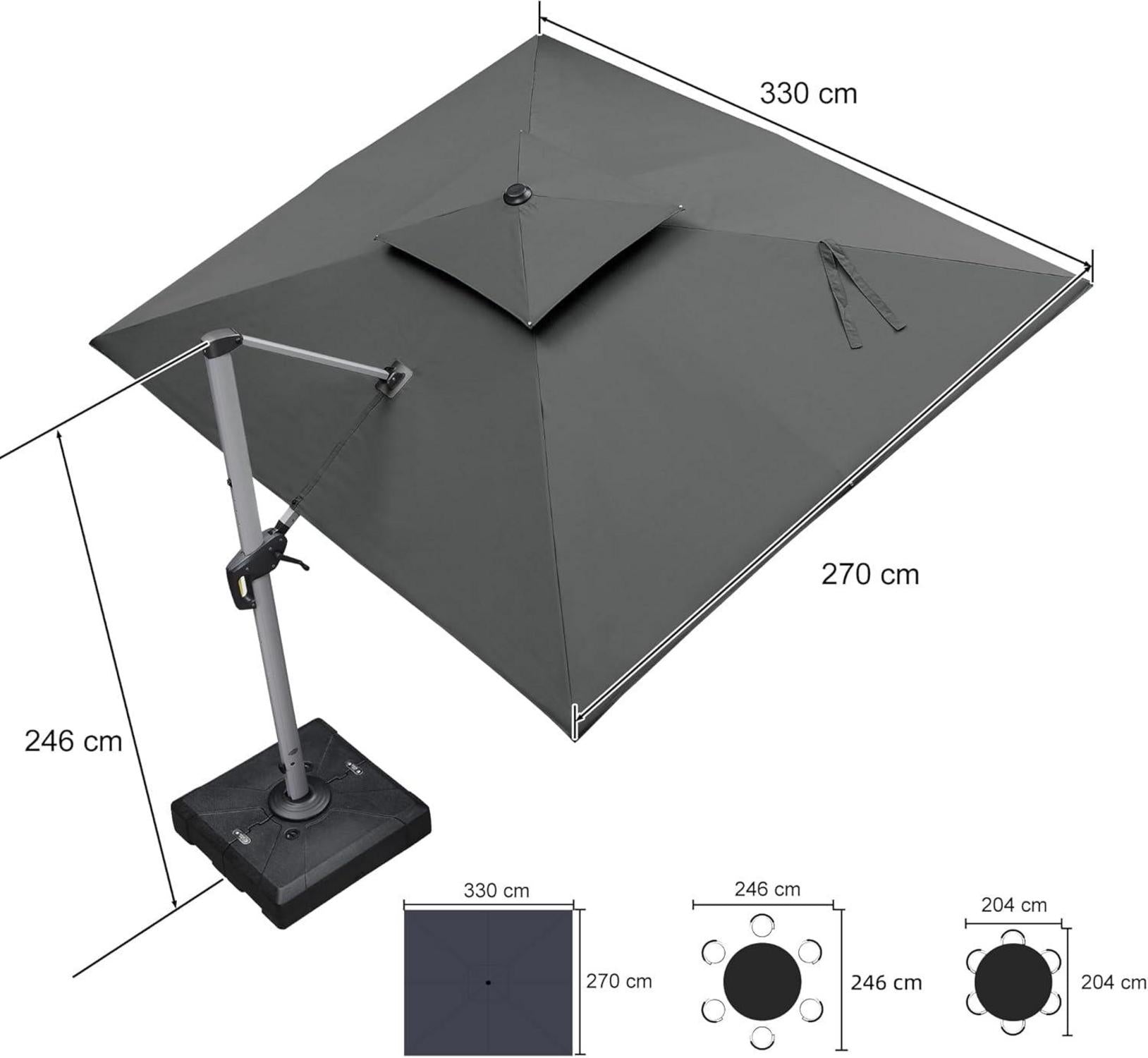 Sonnenschirm Rechteckig 270 x 330cm Ampelschirm Groß UV50+ Stabil Grau
