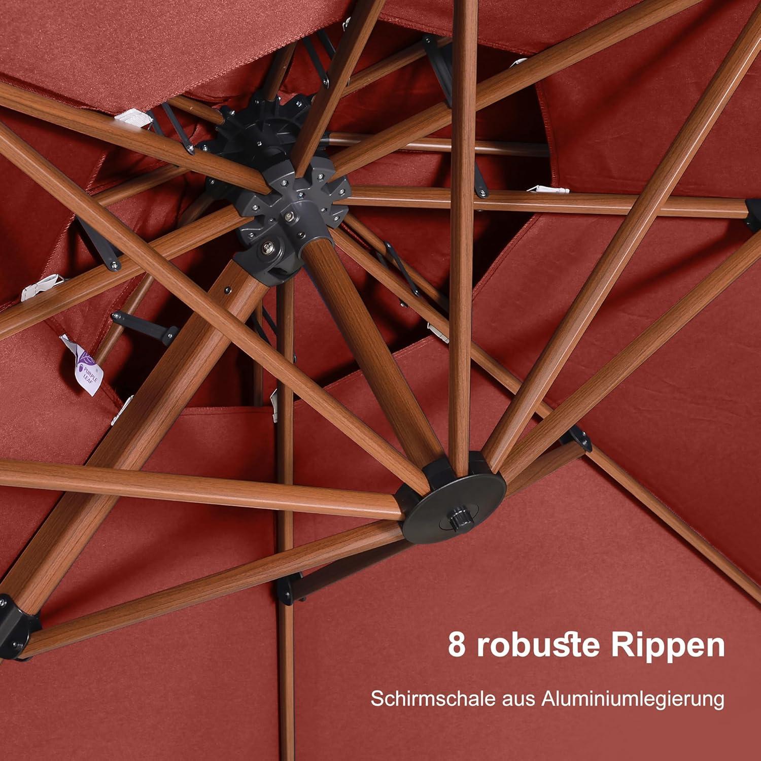 PURPLE LEAF Alu Holzoptik Ampelschirm Sonnenschirm Ø 330 cm Drehbar Gartenschirm Bordeaux