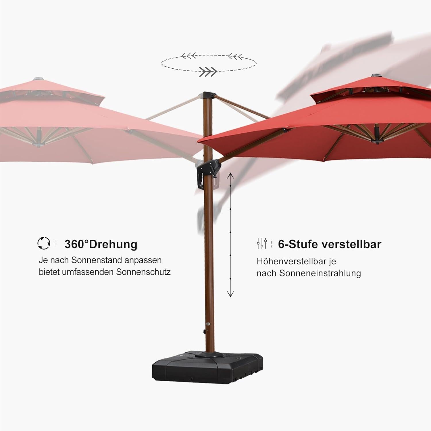 Alu Ampelschirm Ø 330 cm Bordeaux Doppeldach 360° Drehbar Kurbel