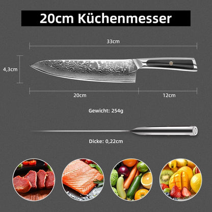 20cm Damast Kochmesser – Scharfes Küchenmesser mit Ergonomischem Griff