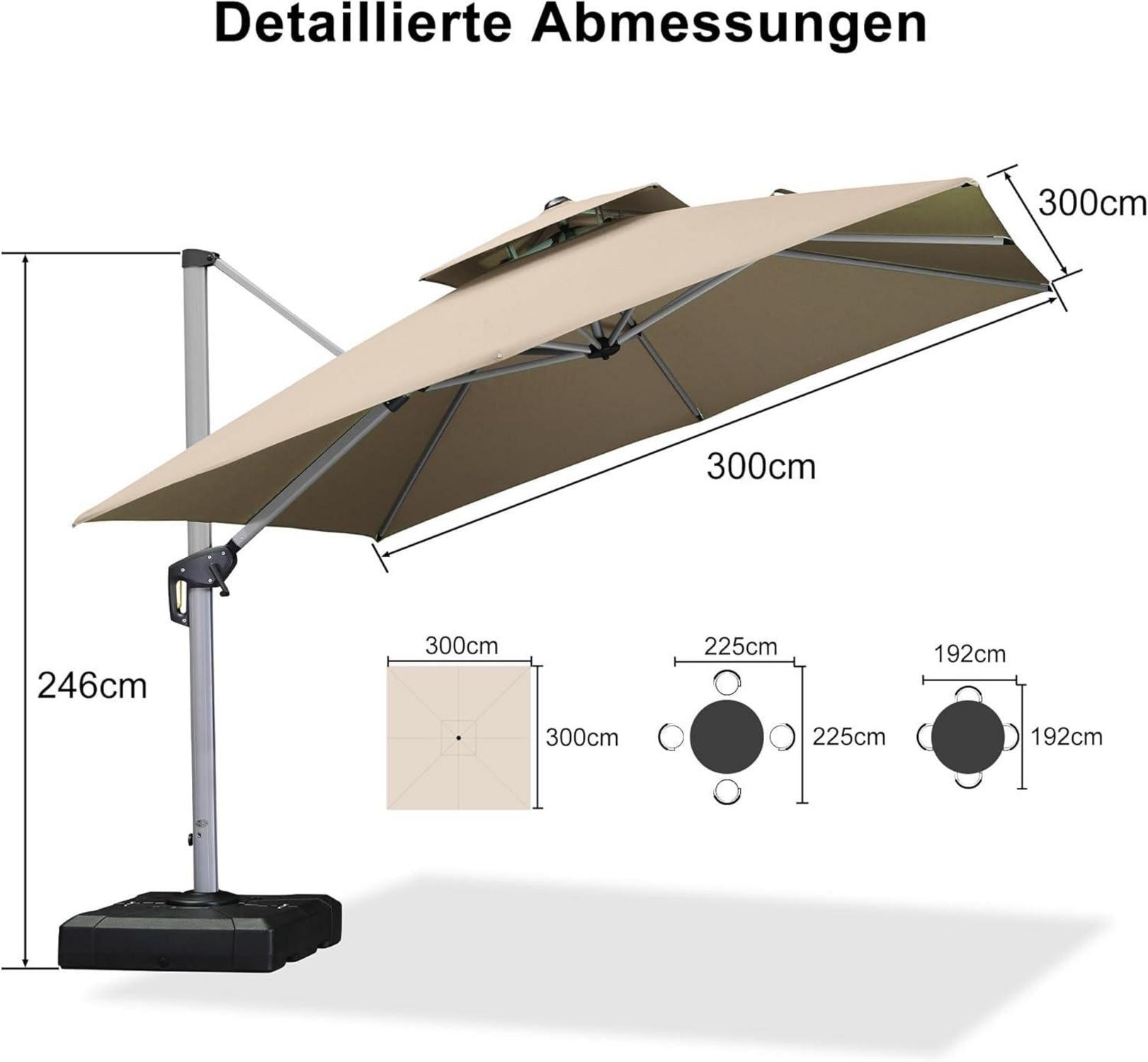 Sonnenschirm Balkon Ampelschirm 300x300 cm Beige UV50+ Drehbar Kurbel
