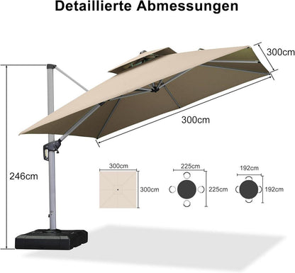Sonnenschirm Balkon Ampelschirm 300x300 cm Beige UV50+ Drehbar Kurbel