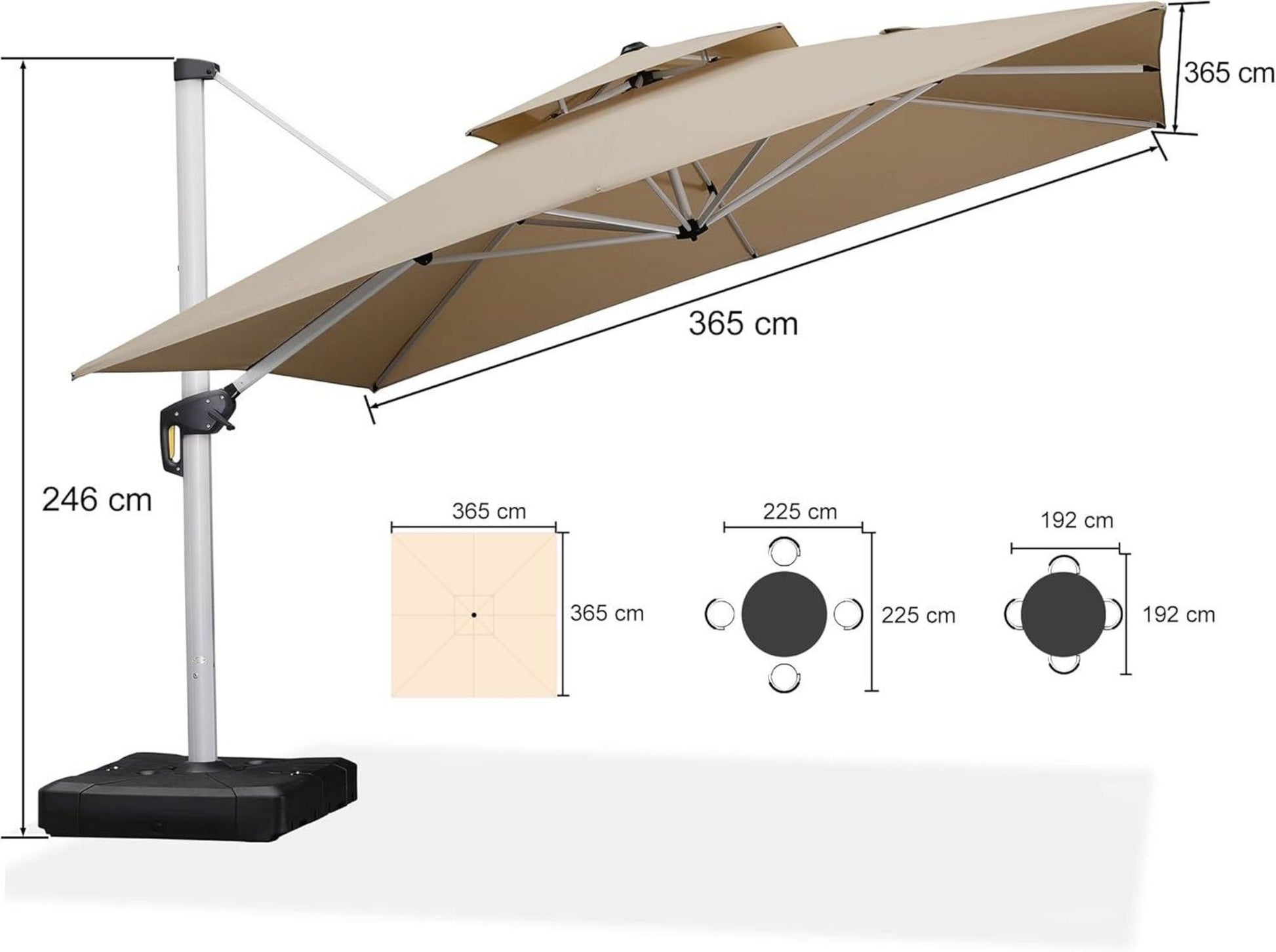 Sonnenschirm Balkon 365x365cm Ampelschirm UV50+ Beige Kurbel Rotation