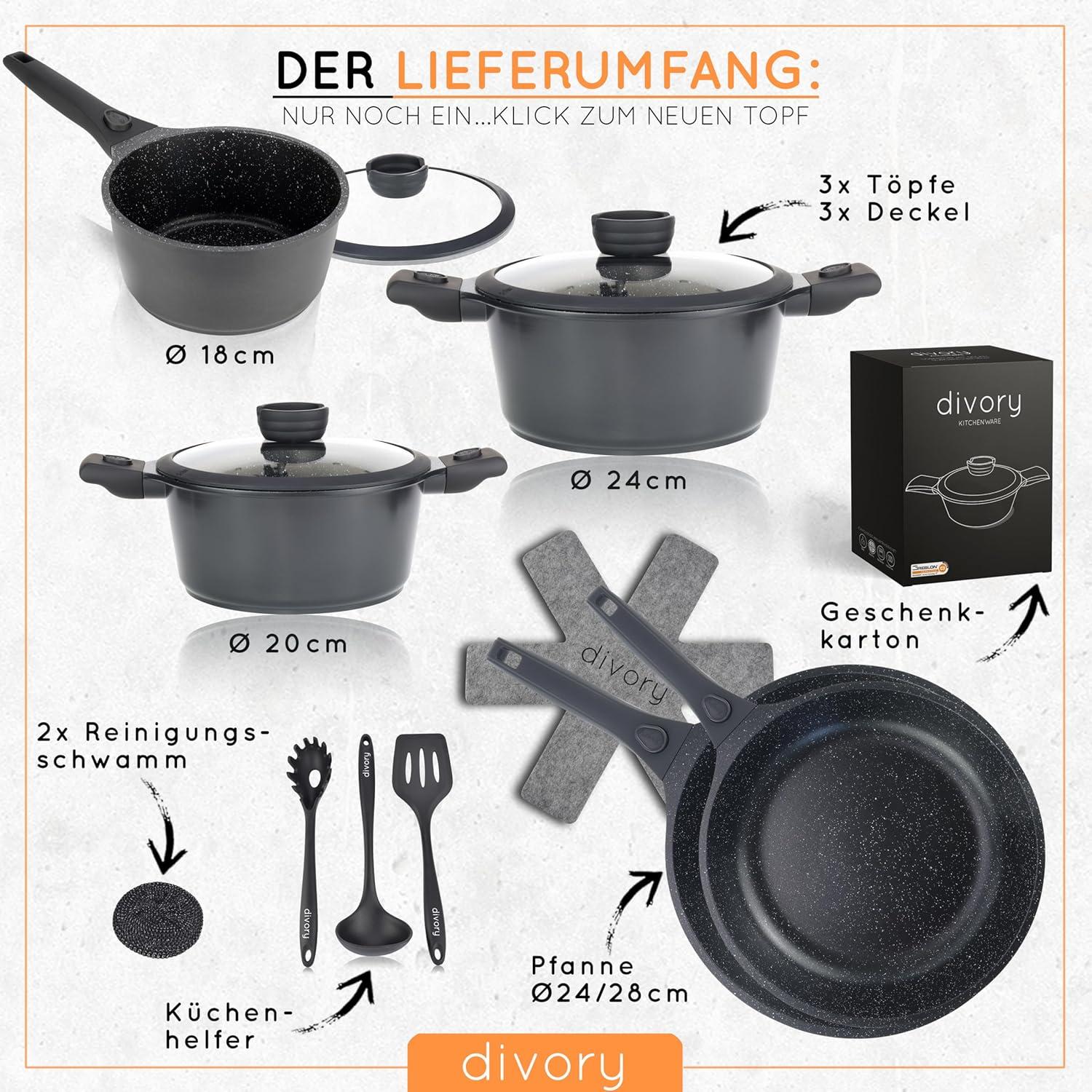 DIVORY Topfset Pfannenset 14 teilig Induktion beschichtet Schwarz