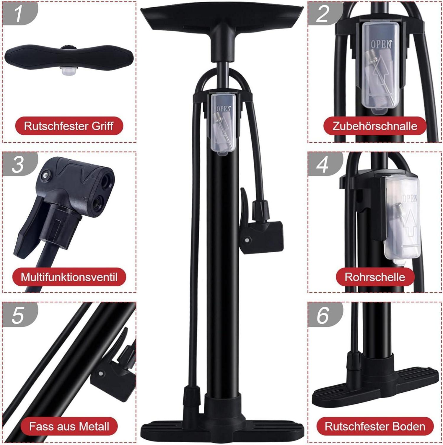 Standluftpumpe für Fahrrad Presta Schrader Ventile 160PSI Schwarz