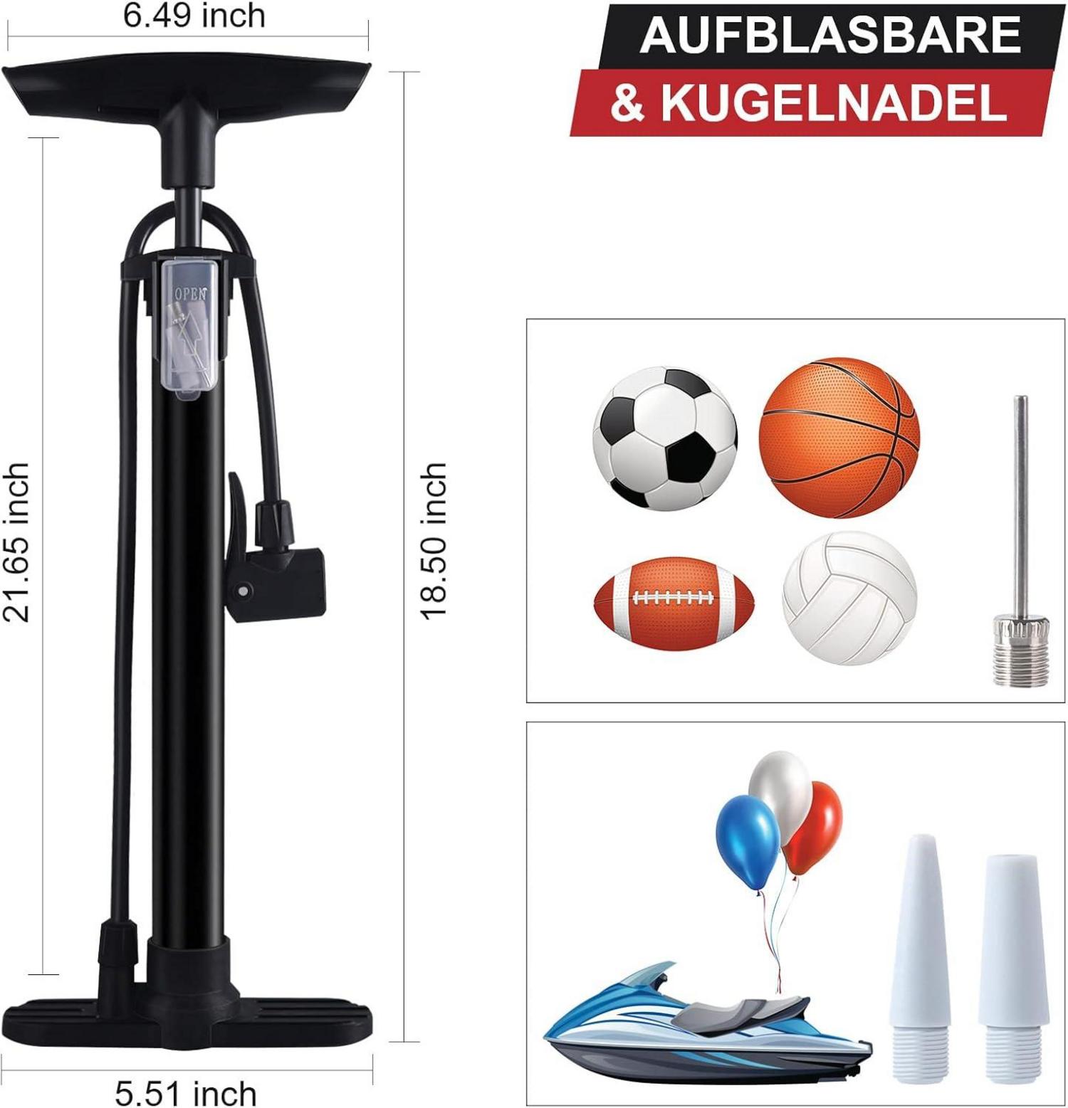 Fahrrad Standluftpumpe 160PSI Hochdruck mit Ballnadel Adapter
