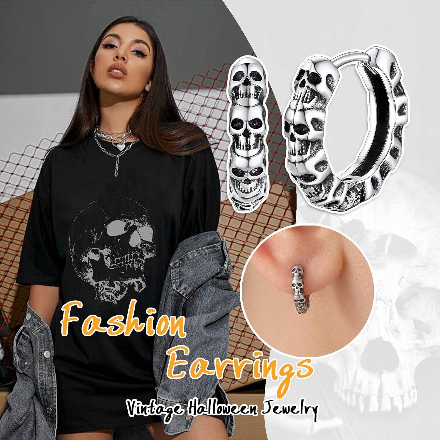 925 Sterling Silber Totenkopf Ohrstecker Punk Small Hoop Creolen Karneval