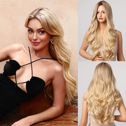 Lange Blonde Ombre Perücke mit Mittelscheitel – Synthetisch & Hitzebeständig