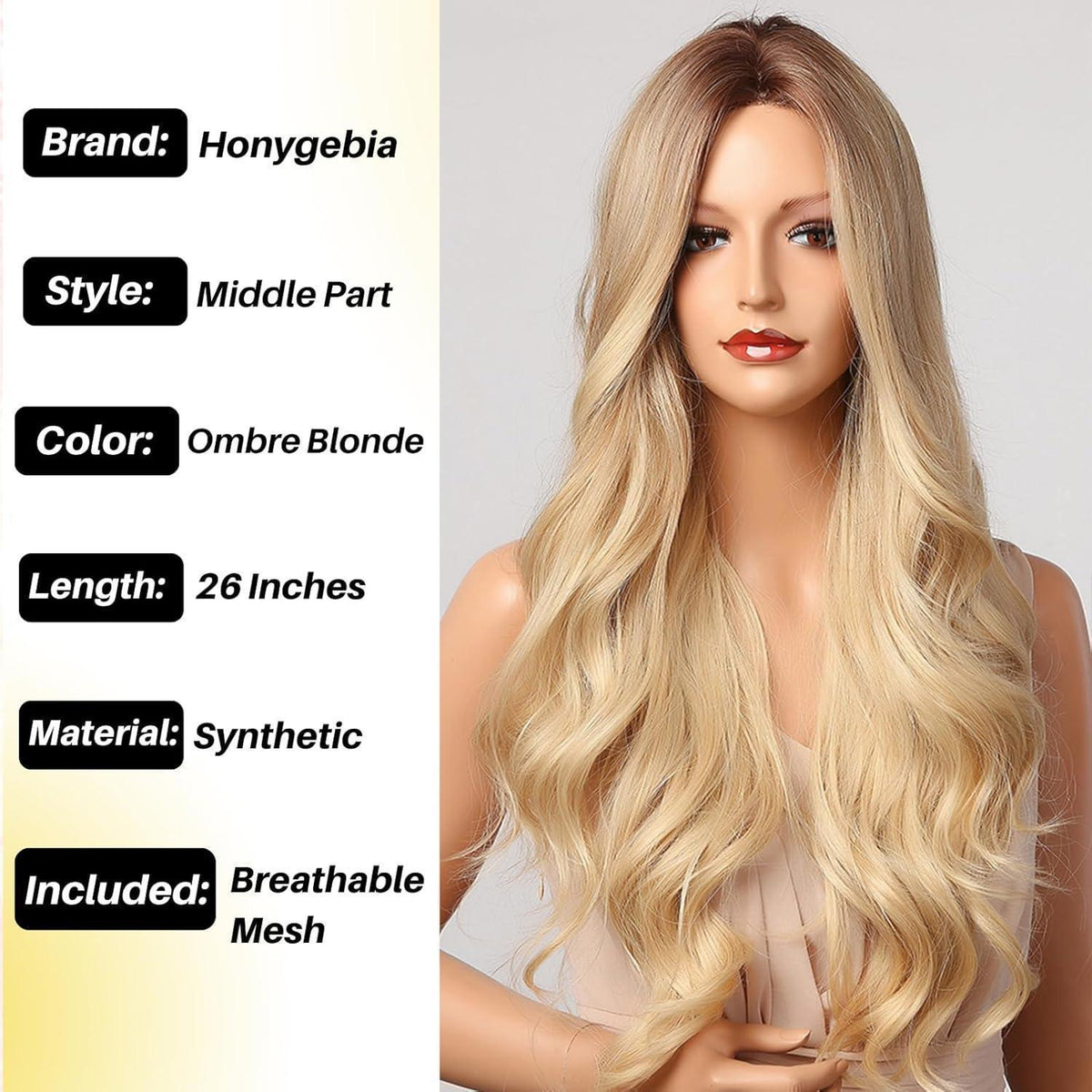 Lange Blonde Ombre Perücke mit Mittelscheitel – Synthetisch & Hitzebeständig
