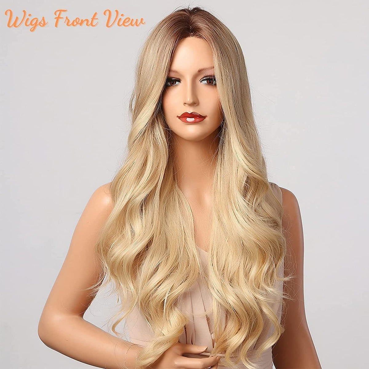 Lange Blonde Ombre Perücke mit Mittelscheitel – Synthetisch & Hitzebeständig